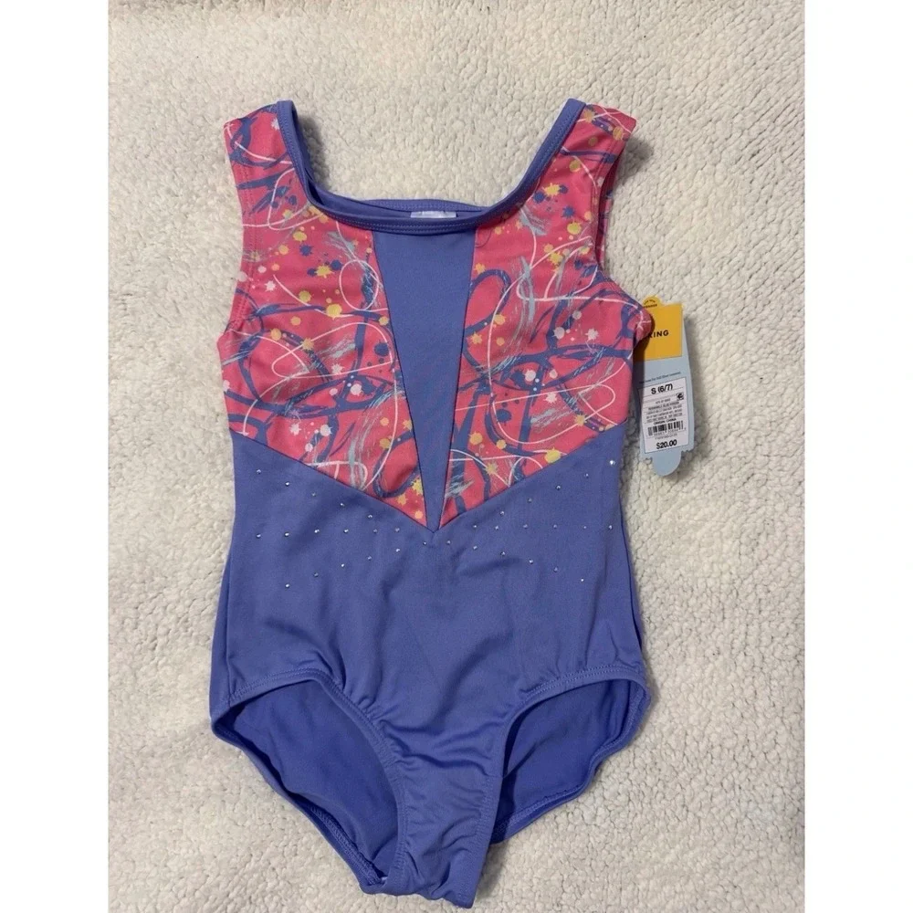 Cat & Jack Girls Gymnastics Leotard Periwinkle Blue Pink Rhinestone Size S 6/7